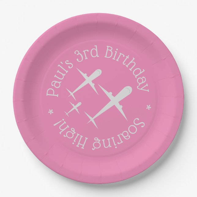 Three Airplanes on Pink Elegant Fun, Personalized Paper Plate (Front)