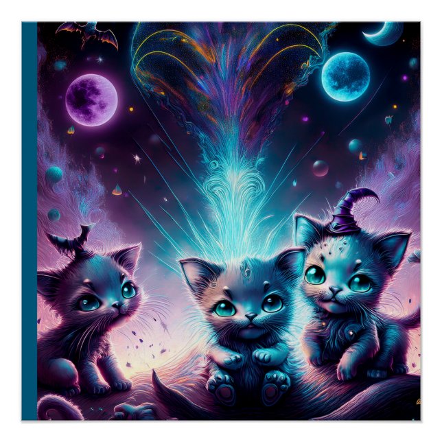 Three Alien Kittens In An Otherworldly Setting Poster (Front)