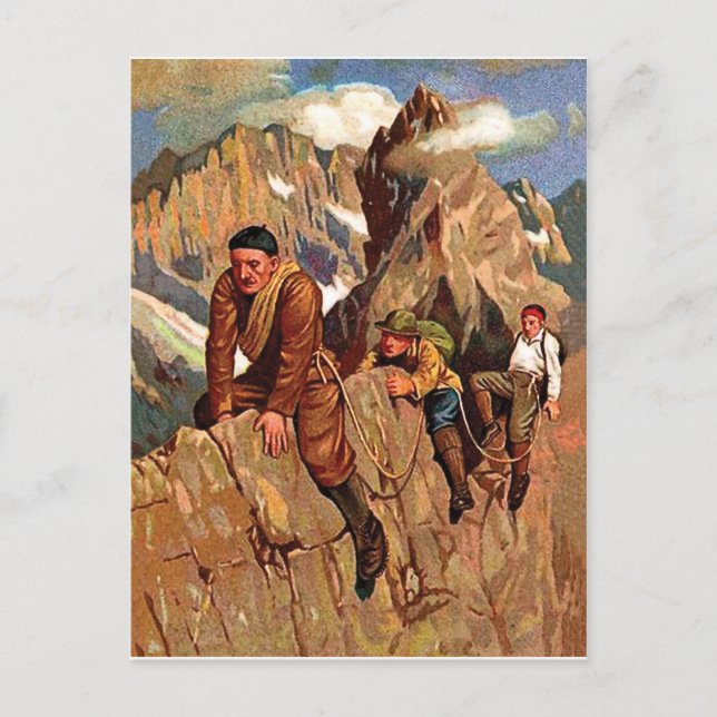 Three alpinists on mountain peak, funny vintage postcard (Front)