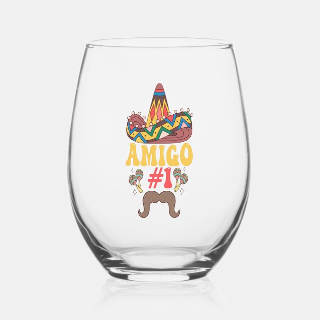 Three Amigos Mexican Funny Matching Cinco De Mayo  Stemless Wine Glass (Back)