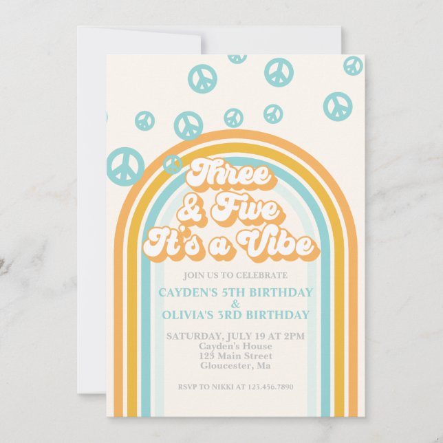 Three and Five it's a Vibe Retro Joint Birthday Invitation (Front)