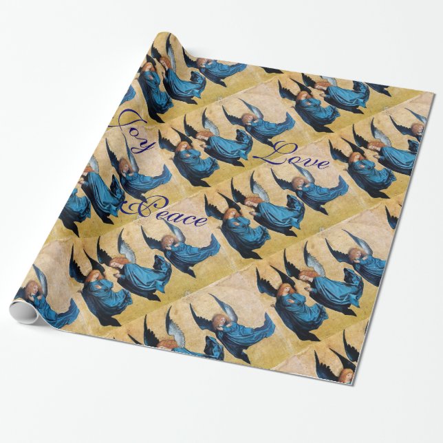 THREE ANGELS IN BLUE  CHRISTMAS JOY PEACE LOVE WRAPPING PAPER (Unrolled)