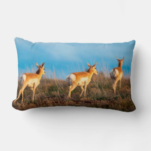 Three antelope walking away at sunset lumbar pillow