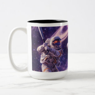 Three Astronauts Playing baseball on Space Rings Two-Tone Coffee Mug