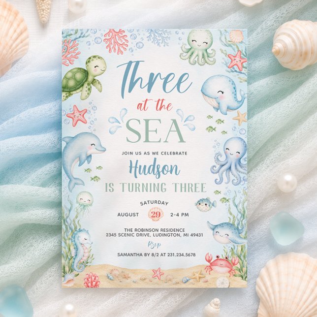 Three at the Sea Boy 3rd Birthday Invitation (Three at the Sea Boy 3rd Birthday Invitation)