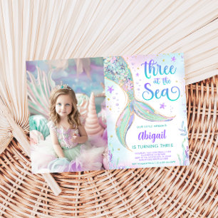 Three at the Sea Mermaid 3rd Birthday Photo Invitation