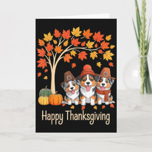 Three Australian Shepherd Dogs Fall Tree Happy Tha Card