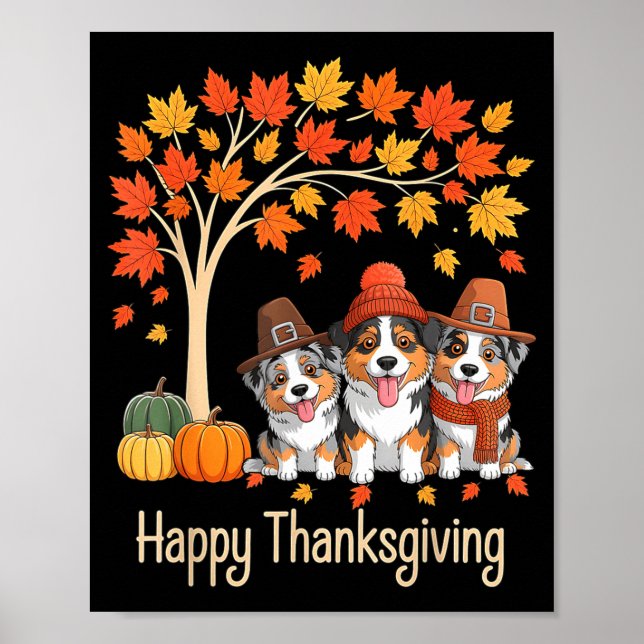 Three Australian Shepherd Dogs Fall Tree Happy Tha Poster (Front)