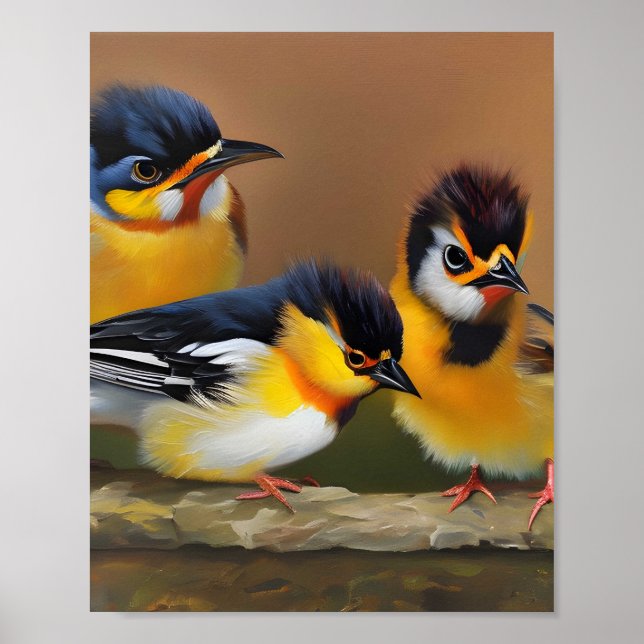 Three baby birds sitting on a branch poster (Front)