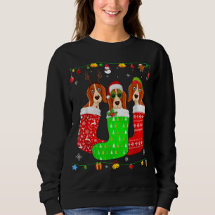 Three Basset Hound Dog In Christmas Socks Matching Sweatshirt