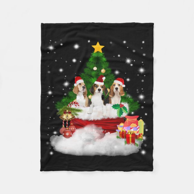 Three Beagles Santa Claus With Christmas Tree Fleece Blanket (Front)