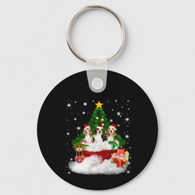 Three Beagles Santa Claus With Christmas Tree Keychain (Front)