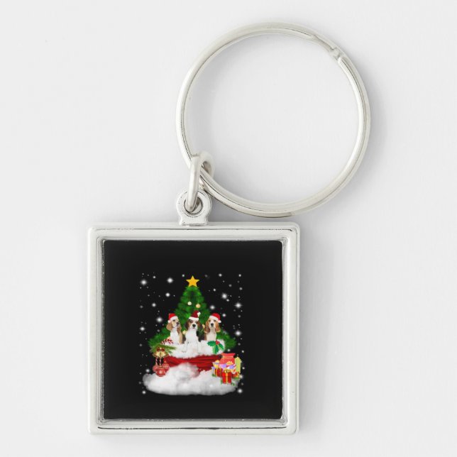 Three Beagles Santa Claus With Christmas Tree Keychain (Front)