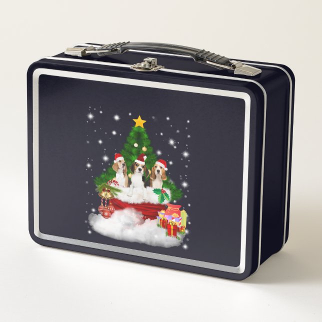 Three Beagles Santa Claus With Christmas Tree Metal Lunch Box (Front)