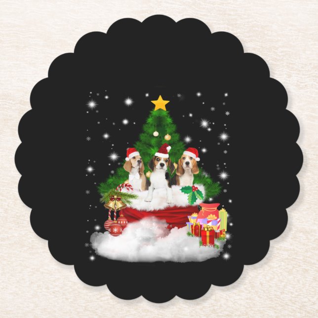 Three Beagles Santa Claus With Christmas Tree Paper Coaster (Front)