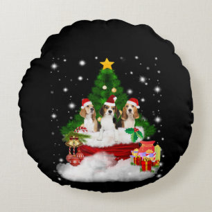 Three Beagles Santa Claus With Christmas Tree Round Pillow
