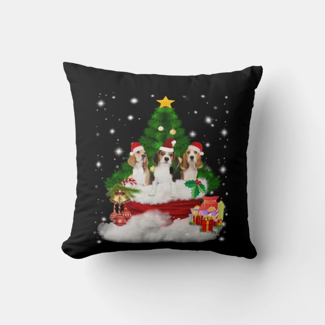 Three Beagles Santa Claus With Christmas Tree Throw Pillow (Front)