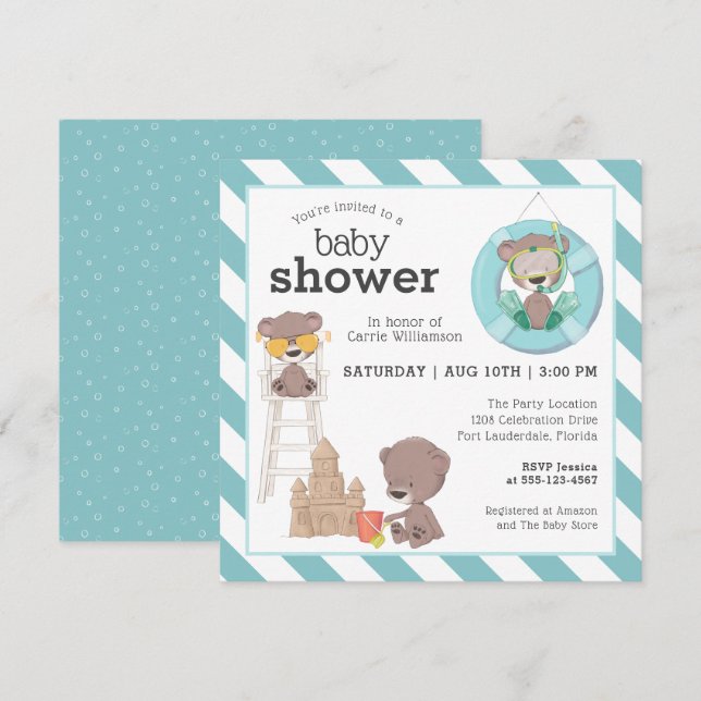 Three Bears at the Beach Baby Shower for Boy Invitation (Front/Back)