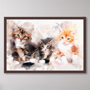 Three beautiful and cute kittens watercolor photo print