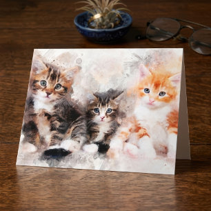 Three beautiful and cute kittens watercolor thank you card