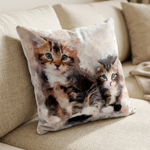 Three beautiful and cute kittens watercolor throw pillow