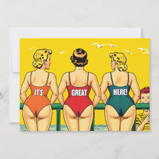 Three Beautiful Women in Bikini on a Beach, Funny Save The Date