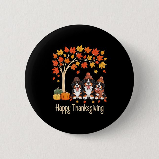 Three Bernese Mountain Dogs Fall Tree Happy Thanks 2 Inch Round Button (Front)
