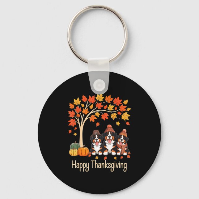 Three Bernese Mountain Dogs Fall Tree Happy Thanks Keychain (Front)