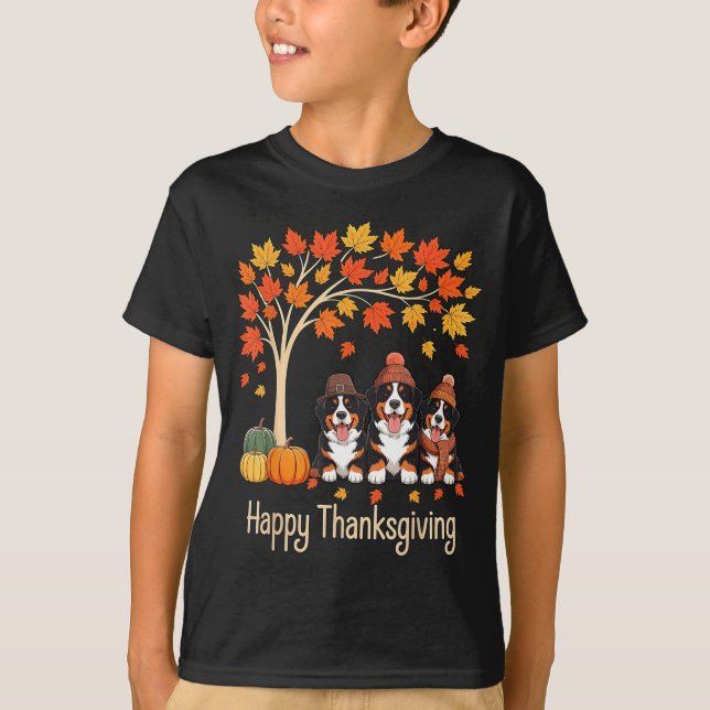 Three Bernese Mountain Dogs Fall Tree Happy Thanks T-Shirt (Front)