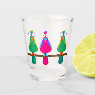 Three big-eye cartoon parrots shot glass