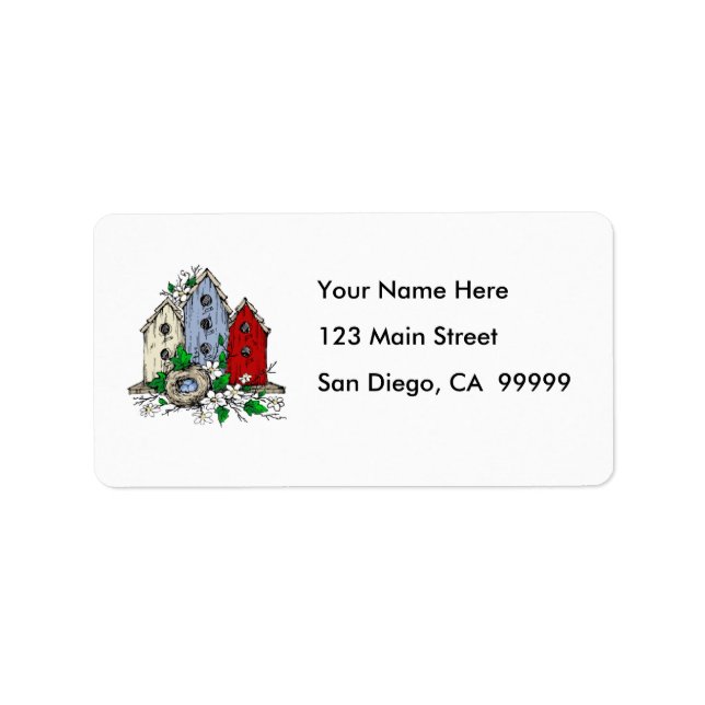 Three Birdhouses, a Nest and Flowers Label (Front)