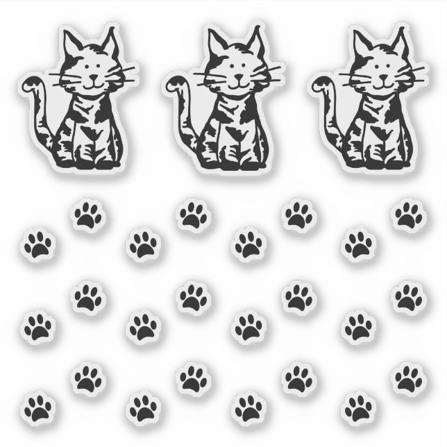 Three Black and White Cats Paw Prints Sticker Set (Front)