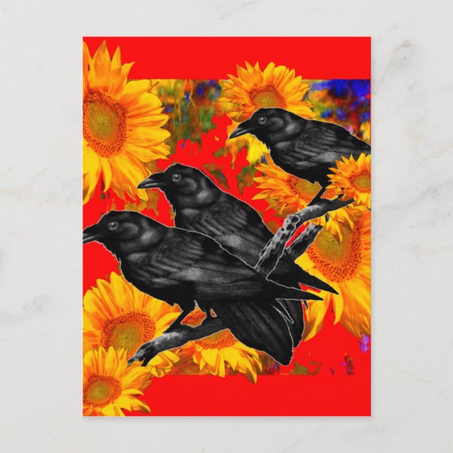 THREE BLACK BIRDS IN SUNFLOWER FIELDS POSTCARD (Front)