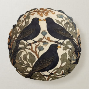 Three Black Birds William Morris Inspired  Round Pillow