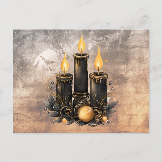 Three Black Candle Gold Ornaments Bats Halloween Holiday Postcard (Front)