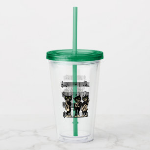 Three Black Cat Musicians Green Eyes Music Notes Acrylic Tumbler