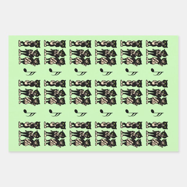 Three Black Cat Musicians Playing Music Green Wrapping Paper Sheet (Front)