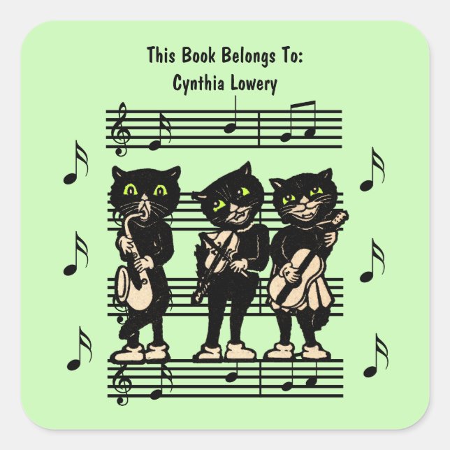 Three Black Cat Musicians Sheet Music Green Square Sticker (Front)