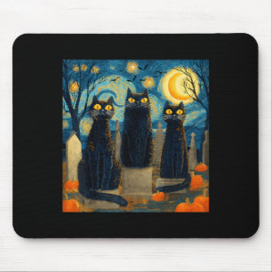 Three Black Cat Starry Night Van Gogh Pumpkins Mouse Pad