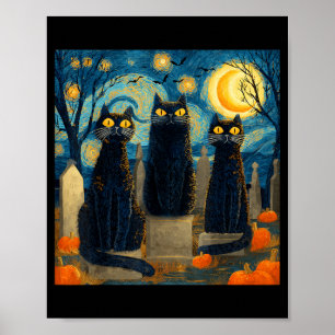 Three Black Cat Starry Night Van Gogh Pumpkins Poster