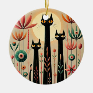 Three Black Cats Amid Vibrant Floral Design Ceramic Ornament