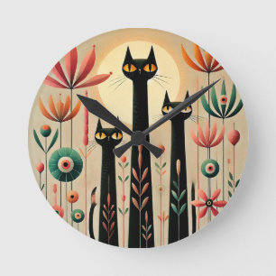 Three Black Cats Amid Vibrant Floral Design Round Clock