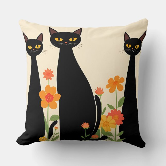 Three Black Cats Among Bright Flowers Throw Pillow (Front)