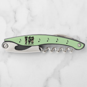 Three Black Cats Playing Music Instruments Green Corkscrew