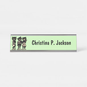 Three Black Cats Playing Music Instruments Green Desk Name Plate