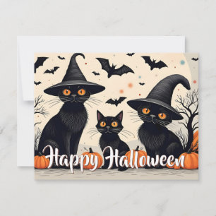 Three Black Cats with Hats on Halloween