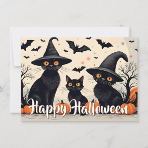 Three Black Cats with Hats on Halloween