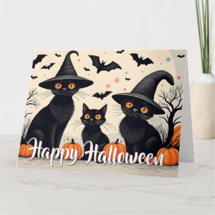 Three Black Cats with Hats on Halloween Card