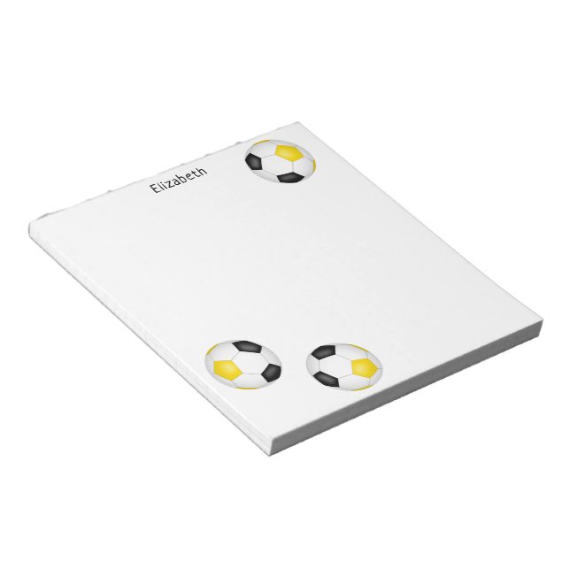 three black gold soccer balls personalized notepad (Angled)