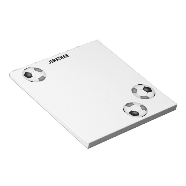 three black grey soccer balls personalized notepad (Angled)